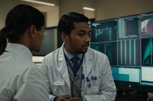 The Benefits of Using AI Medical Scribe Technology in Healthcare Settings 2 a physician discusses patient care with a colleague in front of a computer screen displaying medical software.