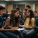 a group of middle school students engaged in a group decision-making activity during an honor society meeting.