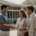 a young couple is shaking hands with a real estate agent in front of a new house.