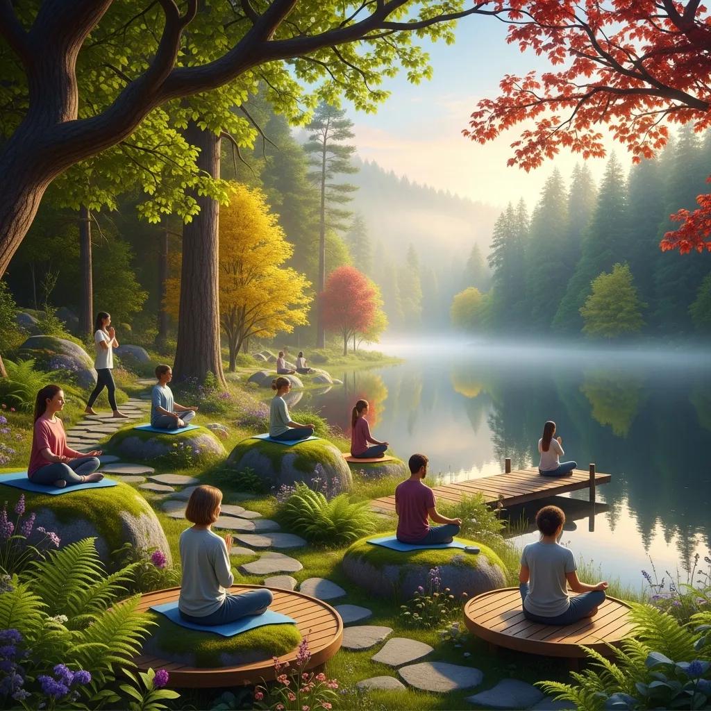 Individuals meditating in a serene outdoor retreat, enhancing spiritual growth and discernment