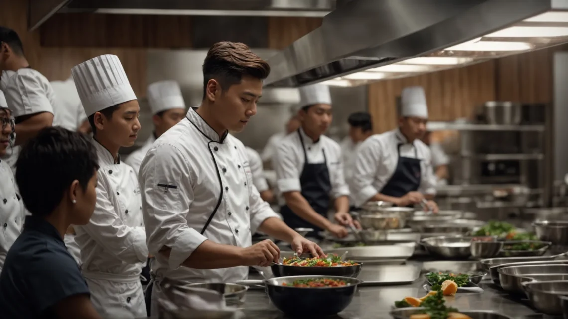 a chef teaching a group of students in a professional kitchen, with each student standing in front of their own cooking station.
